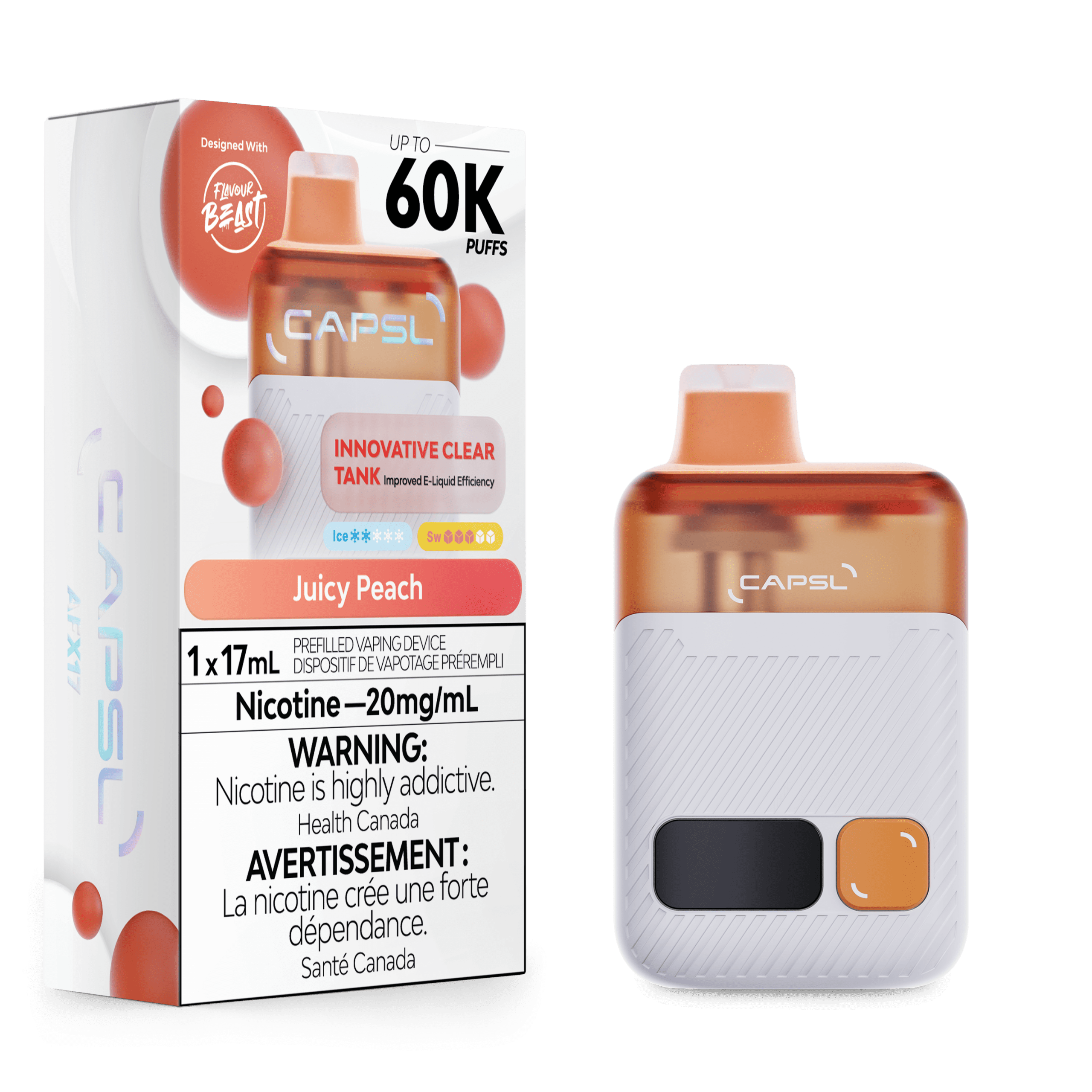 Puffin Vape | CAPSL AFX17 60k Disposable CAPSL DEC2025 RENDER FAM 20mg JuicyPeach.png