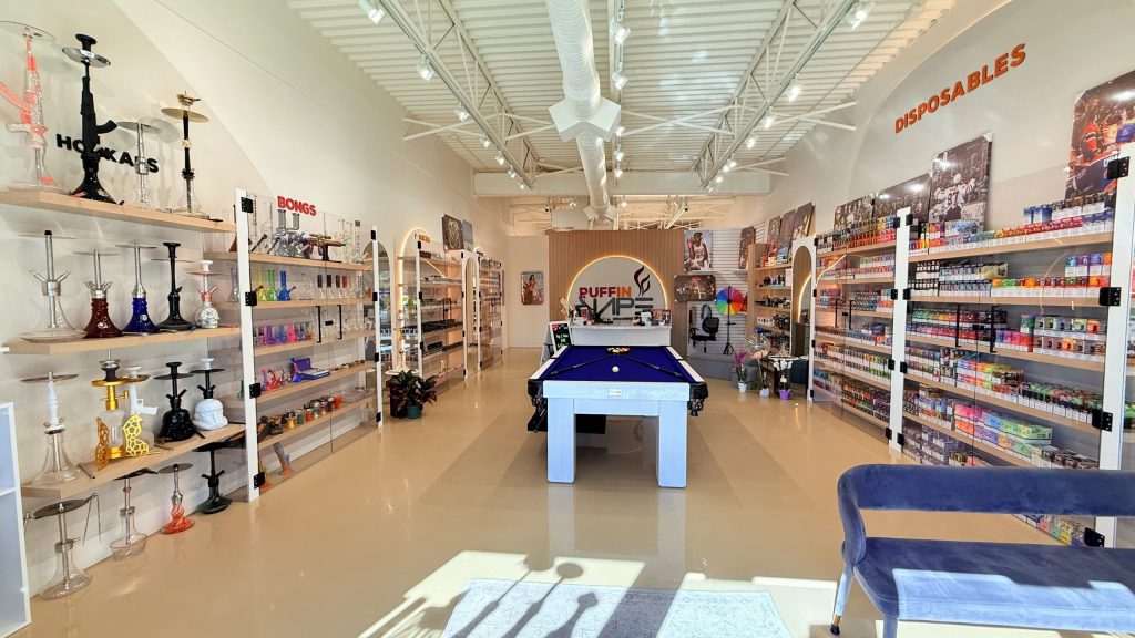 Puffin Vape storefront on Broadmoor Boulevard, Sherwood Park